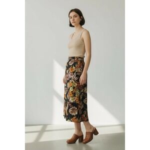 Maxi Skirt Vintage Hawaiian Faux Wrap Tie Fall Neutral Brown Orange Floral 8